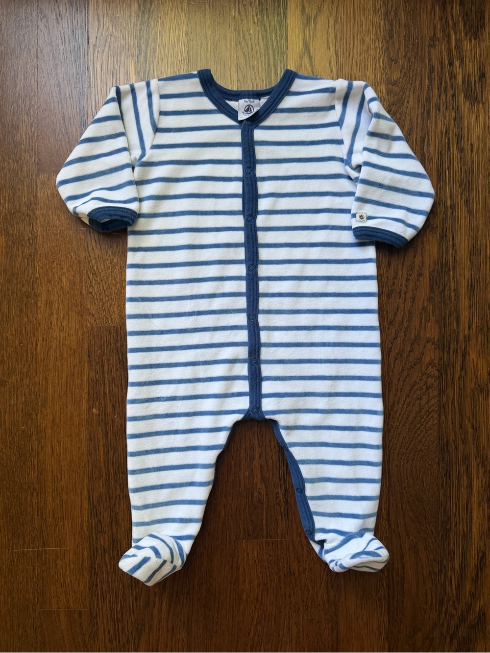 Petit Bateau Blue & White Velour Striped Baby One-Piece 9m